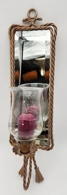 Antique Gold Wall Mirror Candle Holder – Etched Glass Hurricane w/ Purple Candle